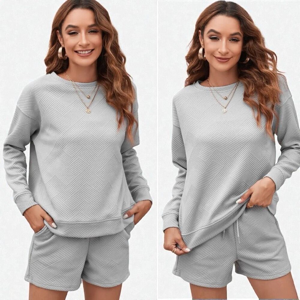 Boutique Gray Textured Long Sleeve Top & Shorts Lounge Set | Plus Size | NWT - Picture 6 of 12